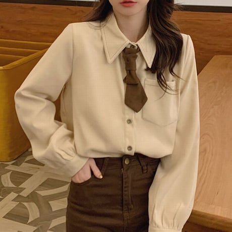 【3カラー】 ネクタイ付き ブラウス シャツ ポロカラー 長袖 ルーズ ゆったり レトロ 韓国ファッション レディース 大人可愛い ガーリー フェミニン カジュアル DTC-666006672660
