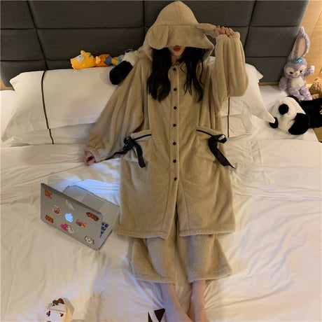 ルームウェア フード付き パジャマ セットアップ ナイトガウン + パンツ フリース ベルベット 長袖 上下セット 長袖 韓国ファッション レディース ガーリー 636487339930