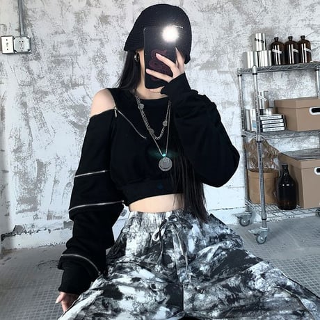 ショート丈 トップス ファスナー Tシャツ スリット オフショルダー トレーナー プルオーバー ルーズ ゆったり 長袖 韓国ファッション レディース カジュアル DTC-733212755331
