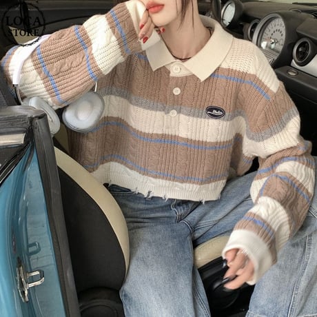 ボーダー柄 ニット POLO襟 裾ダメージ ボーダーニット ダメージニット ショート丈 ルーズ 長袖 レトロ 韓国ファッション レディース 大人可愛い ガーリー DTCA-744319817126