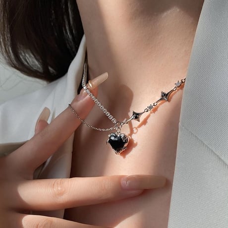 ブラックハート ネックレス 2連 チェーン ハートモチーフ スター ペンダント レディース アクセサリー 合金 DTC-688997188094