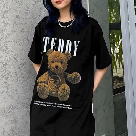 ユニセックス Tシャツ 半袖 クマちゃん ベアー プリント オーバーサイズ 大きめ クルーネック 韓国ファッション メンズ レディース カジュアル ストリート系 DTC-665556153023