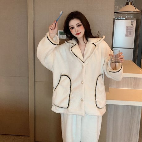 ルームウェア パジャマ セットアップ フリース プラスベルベット トップス + パンツ 長袖 上下セット 韓国ファッション レディース もこもこ ガーリー 633794682654