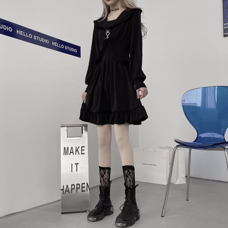 【2カラー】 ワンピース フリル襟 ストラップ ハイウエスト Aライン 長袖 韓国ファッション レディース 大人可愛い ガーリー フェミニン ゴシック 暗黒系 DTC-624472065156