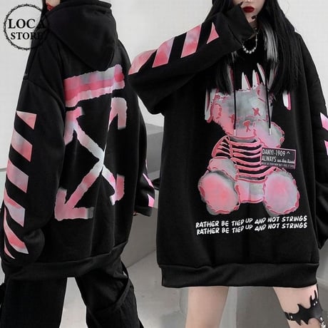 ユニセックス パーカー 裏起毛 クマちゃん 袖プリント バックプリント 長袖 オーバーサイズ 韓国ファッション メンズ レディース ルーズ カジュアル ストリート系 DTC-631029893418