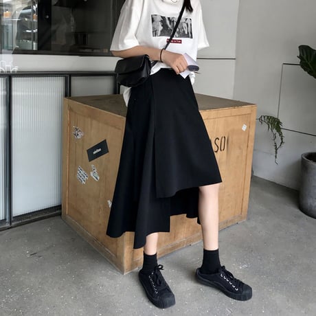 レディース スカート アシンメトリー ロング丈 ティアード フリル ロング丈 無地 春 夏 秋 冬 韓国 韓国ファッション (DTC-599634168759)