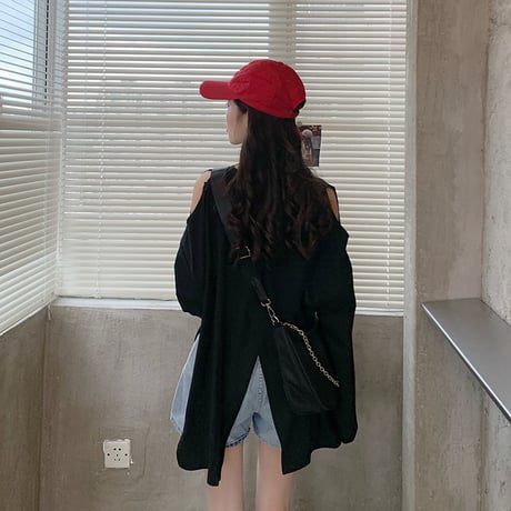 オープンショルダー Tシャツ 長袖 不規則デザイン 韓国ファッション レディース ロンT トップス ラウンドネック ガーリー ストリート (DTC-623972080031)