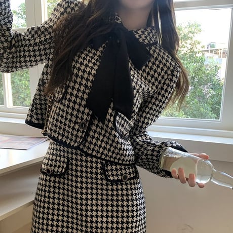 セットアップ 千鳥柄 ショートジャケット スカート リボンタイ 長袖 ルーズ 韓国ファッション レディース 2点セット チェック柄 大人可愛い ガーリー DTC-657329728331
