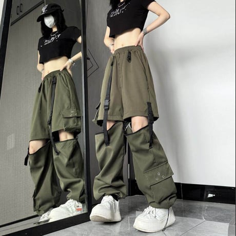 2WAY カーゴパンツ ワイドパンツ バックルベルト ストラップ ミリタリーパンツ アシンメトリー ウエストゴム 韓国ファッション レディース カジュアル DTC-656242658198_2