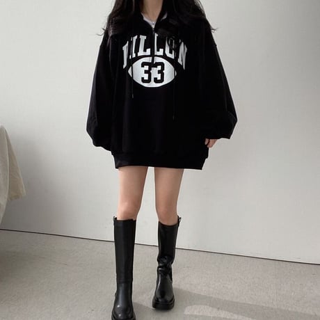 2カラー プルオーバー ハーフジップ パーカー オーバーサイズ ロゴプリント 裏起毛 トップス 韓国ファッション レディース ストリート系女子 カジュアル DTCA-668760029296