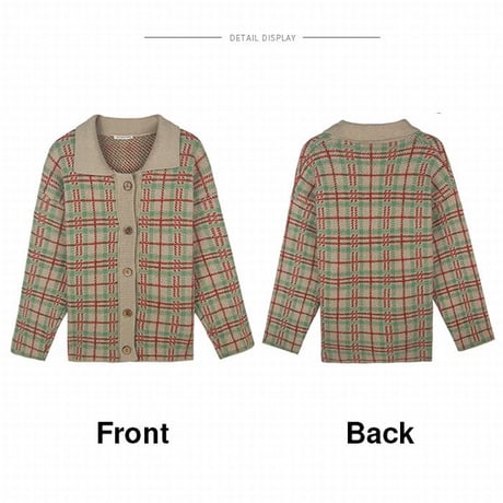 【アウター】 カーディガン チェック柄 保温 ベージュ パープル 長袖 韓国ファッション レディース POLO襟 シングルブレスト ゆったり レトロ かわいい ガーリー 609389060839