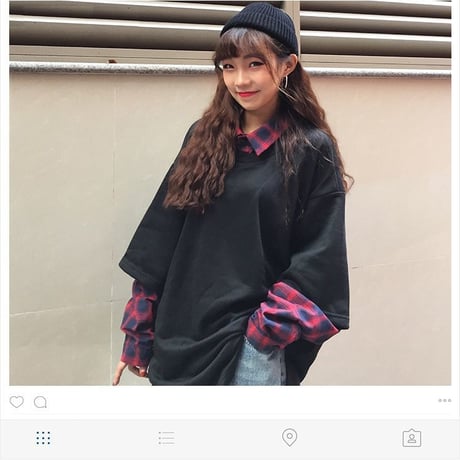 ユニセックス メンズ レディース カットソー レイヤード風 Tシャツ チェック柄シャツ ネルシャツ ドッキング オーバーサイズ オルチャン 韓国 韓国ファッション (DTC-583286459353)