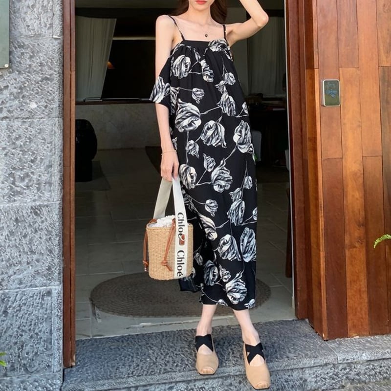 花柄 キャミワンピース ロングワンピース ルーズウエスト ノースリーブ 