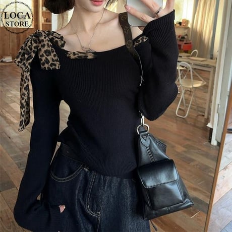 トップス ロンT オフショルダー ショート丈 レオパード柄 ヒョウ柄 スカーフ リボン ワンショルダー tシャツ リブニット スリムフィット 長袖 レトロ DTCA-835383356165