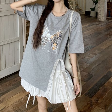 Tシャツ スパンコール バタフライ 蝶 レース スリット キラキラ トップス ルーズ 半袖 レトロ 韓国ファッション レディース 大人可愛い ガーリー DTC-797869272696