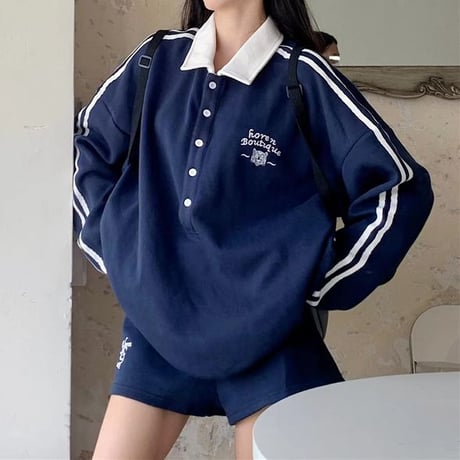 セットアップ 2点セット スウェット ショートパンツ ラガーシャツ トップス サイドライン トレーナー ルーズ 長袖 レトロ 大人可愛い ガーリー カジュアル DTC-820743639096