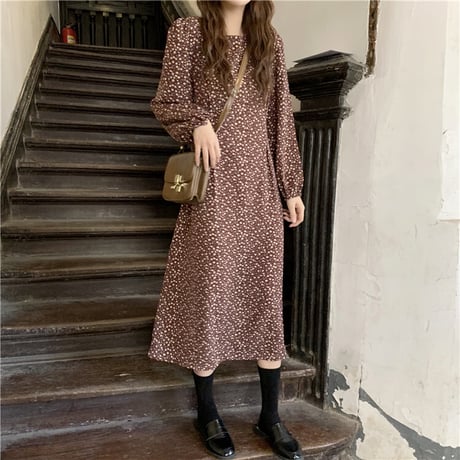 小花柄 ワンピース パフスリーブ ロング丈 ハイウエスト 長袖 クルーネック 薄手 韓国ファッション レディース 大人可愛い ガーリー フェミニン レトロDTC-655695330315