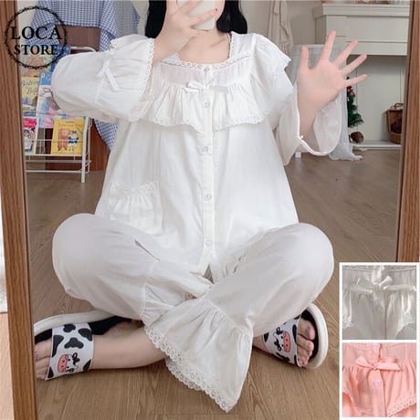 【2カラー】 セットアップ ルームウェア パジャマ フリル襟 リボン 上下セット トップス パンツ 長袖 韓国ファッション レディース 大人可愛い ガーリー DTC-653362280025