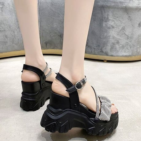 厚底 サンダル 22.0～24.5cm ビジュー ラインストーン バックル プラットフォーム 厚底サンダル オープントゥ 韓国ファッション レディース DTC-527407401064