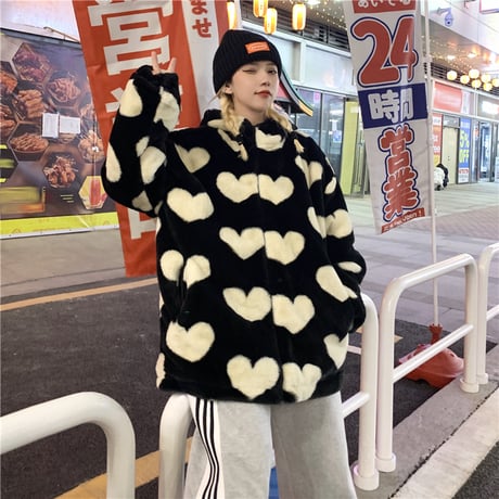 ユニセックス ハート柄 ボアジャケット ボアパーカー ファー ラムウール 韓国ファッション メンズ レディース 男女兼用 ゆったり アウター 大人可愛い DTC-634631995226