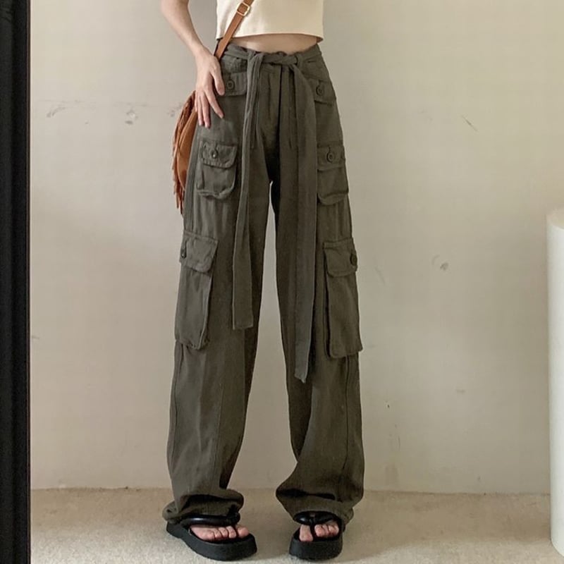カーゴパンツ ポケット ハイウエスト ウエストストラップ ルーズ カーゴパンツ ポケット ハイウエスト ウエストストラップ ルーズ