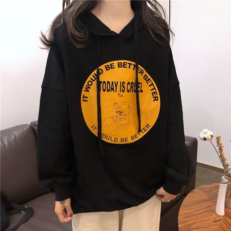 【選べる2カラー】 パーカー プルオーバー 韓国ファッション レディース ストリート系 ロゴ プリント 薄手 秋冬 秋 冬 (DTC-602174225125)