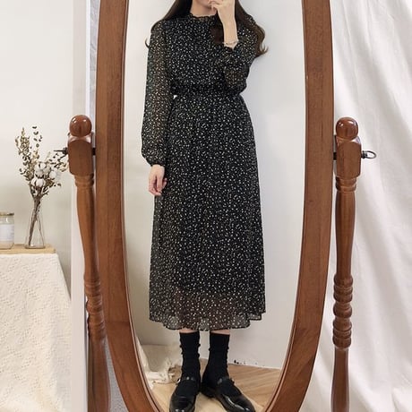 レディース Vネック 花柄 シフォン ロングワンピース レトロ 長袖 花柄 フェミニン 韓国ファッション オルチャン (DCT-585296164758)