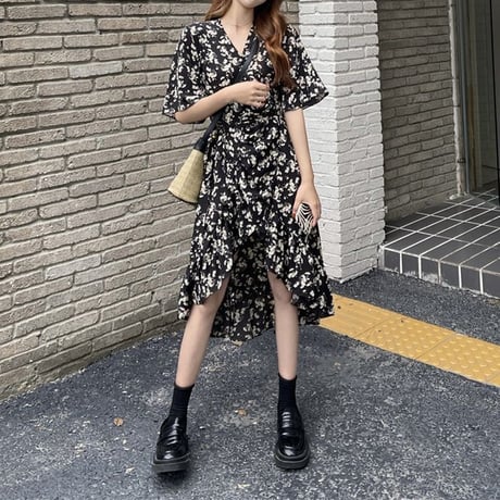 花柄 ワンピース 不規則デザイン 羽織 薄手 シフォン ハイウエスト 半袖 韓国ファッション レディース 大人可愛い ガーリー フェミニン DTC-640056883285
