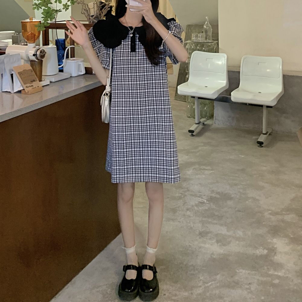 チェック柄 ワンピース 大きい襟 襟付きワンピース ミニワンピース  