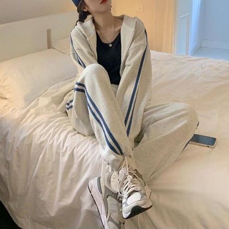 セットアップ 上下セット スウェット サイドライン ジップアップ パーカー パンツ ジャージ ルーズ レトロ 大人可愛い ガーリー カジュアル スポーツミックス DTCA-687375312327