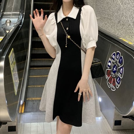 ポロワンピース バイカラー ワンピース ハイウエスト ポロカラー 襟付き ポロワンピ 半袖 レトロ 韓国ファッション レディース 大人可愛い ガーリー DTC-673265664662