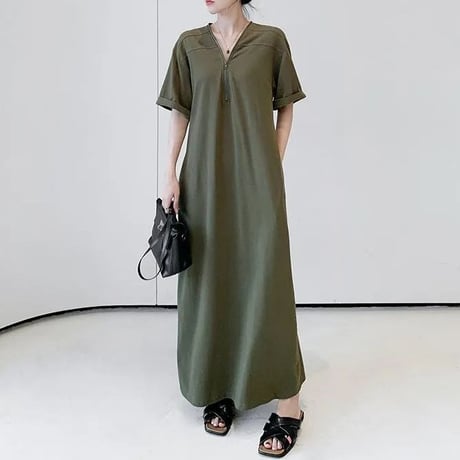 ワンピース ハーフジップ 半袖 体型カバー Aライン Vネック ゆったりウエスト ロングワンピース レトロ 大人可愛い ガーリー DTCA-902129086791