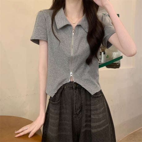 ダブルジップ トップス クロップド丈 半袖 Tシャツ へそ出し ポロトップス ポロ襟 レトロ 大人可愛い ガーリー カジュアル 韓国ファッション レディース DTC-710355440327