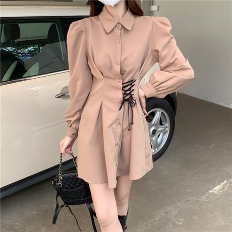 シャツワンピース レースアップ ハイウエスト 編み上げ ポロカラー ハイウエスト 長袖 レトロ 韓国ファッション レディース 大人可愛い ガーリー フェミニン DTC-666508142667