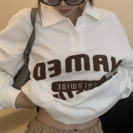 コーデュロイ トップス プルオーバー 襟付き ボアロゴ 長袖 レトロ 韓国ファッション レディース カジュアル ストリート系ファッション DTC-656796001733