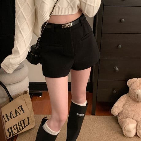 ショートパンツ ウール ハイウエスト スリム Aライン フェイクウール ショートボトム レトロ 韓国ファッション レディース 大人可愛い ガーリー カジュアル DTCA-859331219129