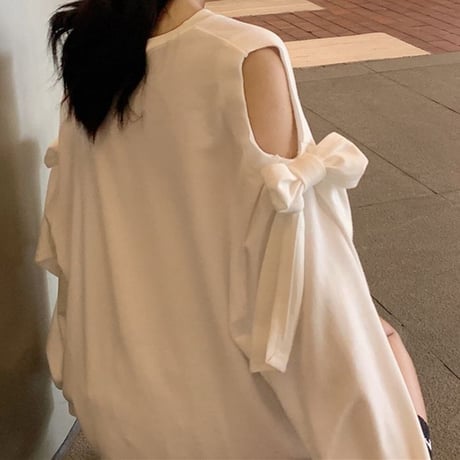 トレーナー 薄手 Vネック 肩あき 肩出し リボン カットソー オフショルダー トップス 長袖 ゆったり 韓国ファッション レディース 大人可愛い ガーリー DTC-637882425955
