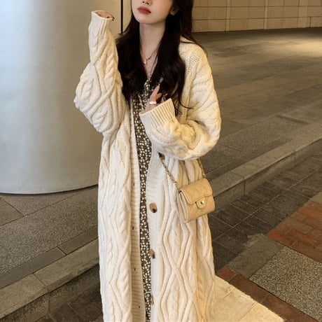 ロングカーディガン ケーブル編み ニット ツイストニット カーディガン ルーズ 長袖 大人可愛い ガーリーDTC-651811052937