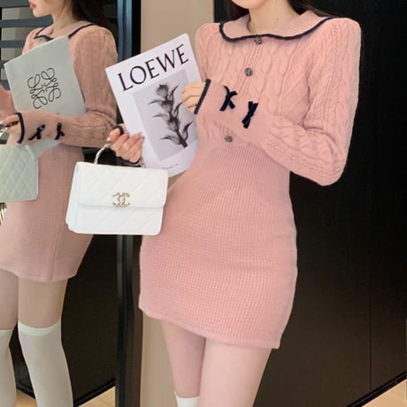 襟付き ニットワンピース リボン ケーブル編み スリム ハイウエスト ニット ミニワンピース 長袖 レトロ 韓国ファッション レディース 大人可愛い ガーリー DTC-691950885298