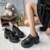 光沢あり・光沢なしの2タイプ展開！ 厚底シューズ 22.5～25.0cm レースアップ 9cmヒール ラウンドトゥ ローファー 韓国ファッション レディース DTCA-742428853971