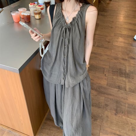セットアップ 2点セット ノースリーブ シャツ ワイドパンツ ルーズ トップス モップパンツ レトロ 韓国ファッション レディース 大人可愛い ガーリー DTC-798283919671