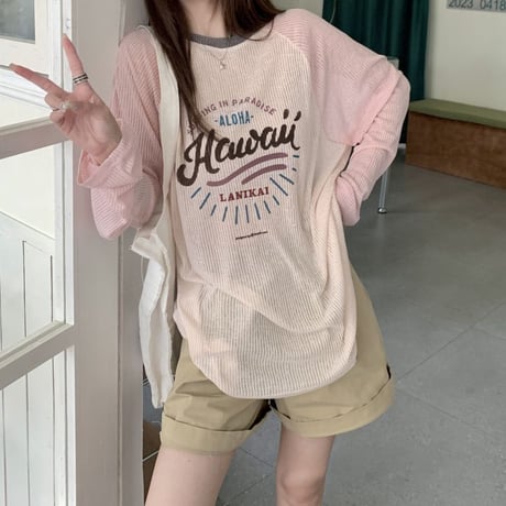 ロンT 配色 オーバーサイズ トップス レタープリント クルーネック Tシャツ 長袖 レトロ 韓国ファッション レディース 大人可愛い ガーリー カジュアル DTC-765985681515