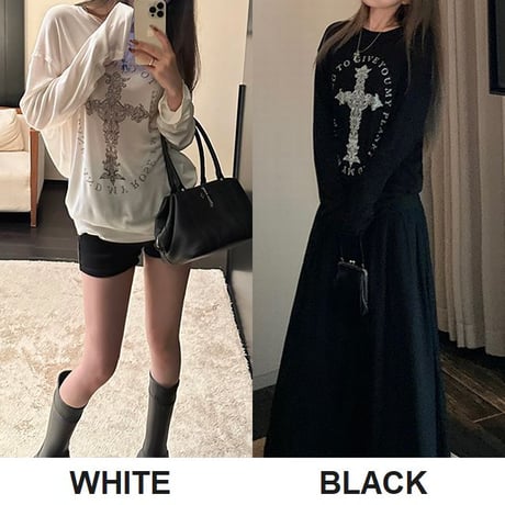 ロンT クロスプリント オーバーサイズ クルーネック ドロップショルダー tシャツ トップス カットソー ゆったり 長袖 レトロ 大人可愛い ガーリー カジュアル DTCA-828179763981