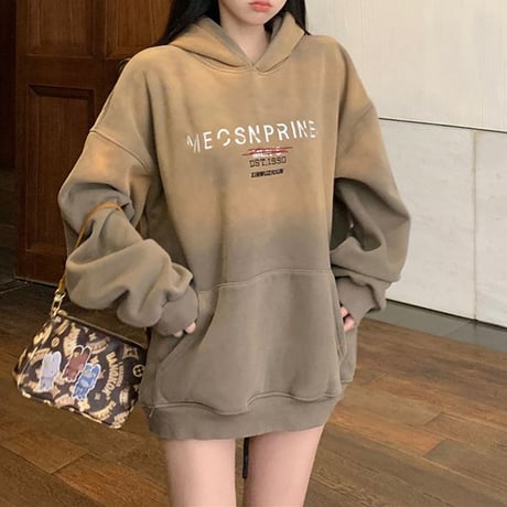 パーカー プルオーバー グラデーション オーバーサイズ スウェット トップス ロゴ刺繍 長袖 レトロ 韓国ファッション レディース 大人可愛い ガーリー カジュアル DTC-745723823686