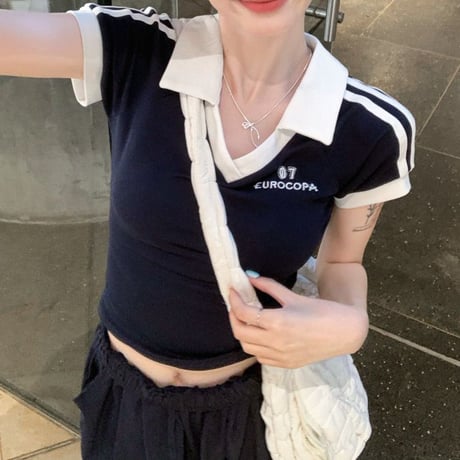 Tシャツ Vネック 袖ライン ポロカラー スリムフィット へそ出し ポロシャツ 半袖 レトロ 韓国ファッション レディース 大人可愛い ガーリー DTCA-959964838030