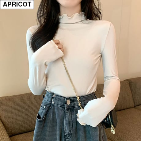 スリムフィット カットソー 長袖 ハーフネック フリルネック 韓国ファッション レディース Tシャツ 伸縮性 無地 シンプル 大人可愛い ガーリー DTC-628616580526