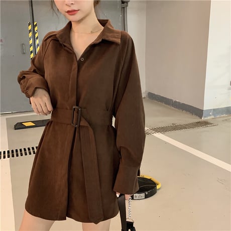 シャツワンピース ベルト シャツ 長袖 韓国ファッション レディース トップス ゆったり 大人可愛い ガーリー フェミニン カジュアル DTC-627127092317