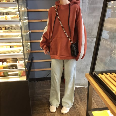 袖ライン パーカー 韓国ファッション レディース ドロップショルダー アウター ゆったり 長袖 春 秋 冬 大人カジュアル 韓国 オルチャンファッション (DTC-605612506136)