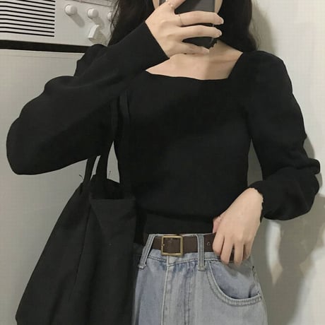 スクエアネック ニット トップス ルーズ 長袖 薄手 レトロ 韓国ファッション レディース 大人可愛い ガーリー DTC-631012888097