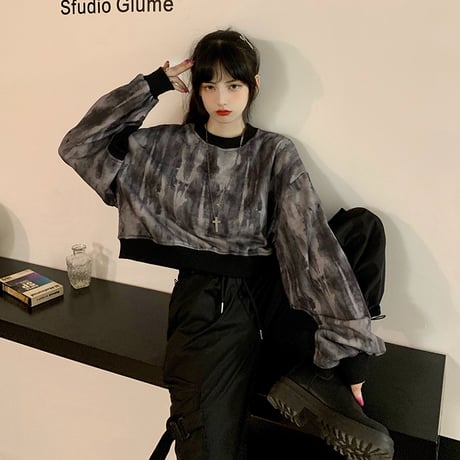 タイダイ染め トレーナー ショート丈 薄手 長袖 ルーズ トップス レトロ 韓国ファッション レディース ガーリー カジュアル ストリート系 DTC-625718801834